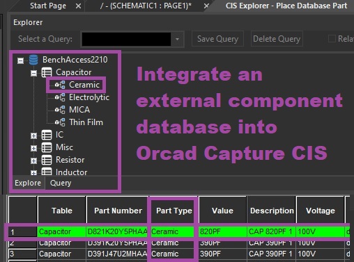 Set up an external component database and integrate with OrCAD Schematic Capture CIS for efficient part selection