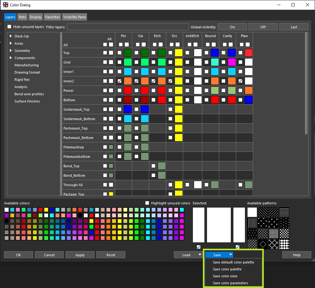 Allegro PCB Editor Export Color Dialog Settings