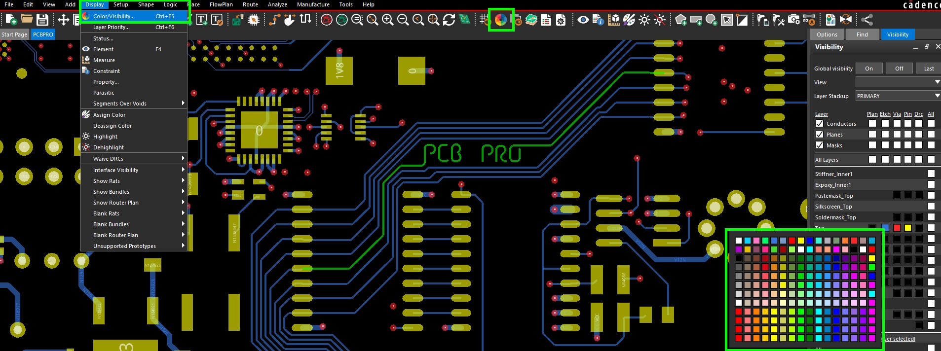 Multiple methods to open the color dialog in Allegro PCB Editor